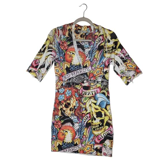 Ed Hardy Dresses & Skirts - Ed Hardy Skull Bodycon Dress Medium Stretchy Tattoo Style Art Y2K 90s Fitted